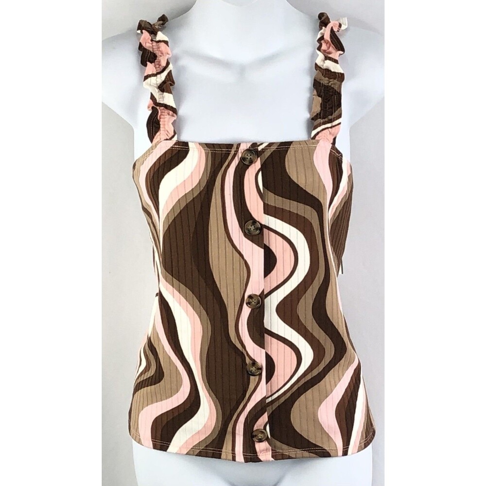 cropped halter top Jrs 3XL  brown/peach geo ruffle straps buttons psychedelic